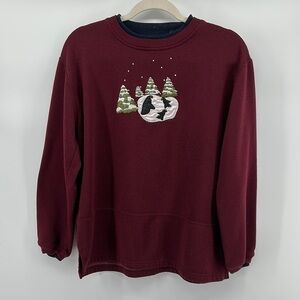 VTG Ladies Club Cozy Maroon‎ Crewneck Penguin Ugly Christmas Sweatshirt Sz Med